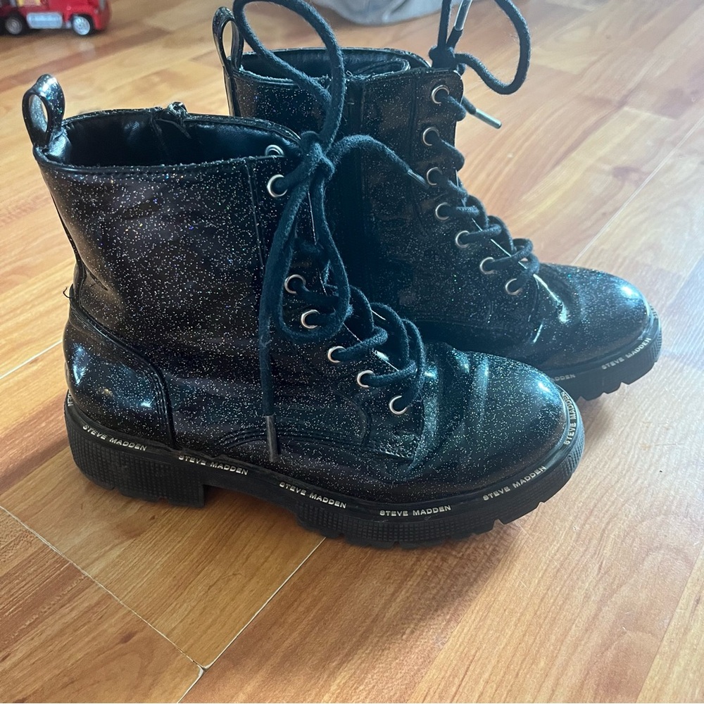Steve Madden Kids Combat Lace Up Sparkle Black Boots